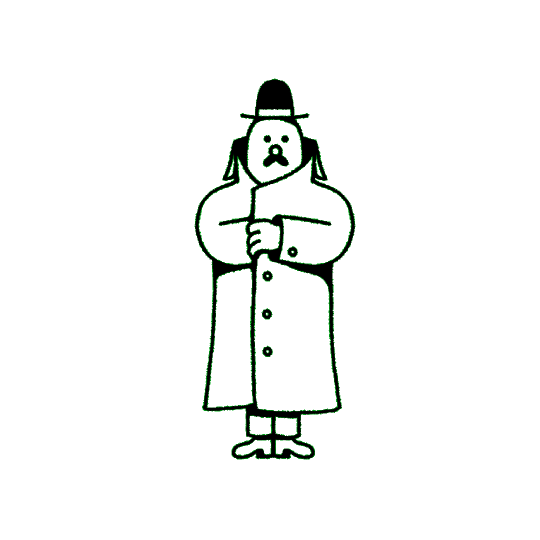 Animated Deuce Studio illustration of a figure in a trench coat opening it to reveal two characters stacked inside