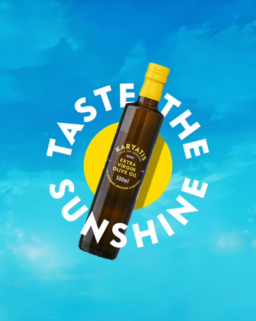 Karyatis extra virgin olive oil brand campaign with Taste the Sunshine typography by Deuce Studio