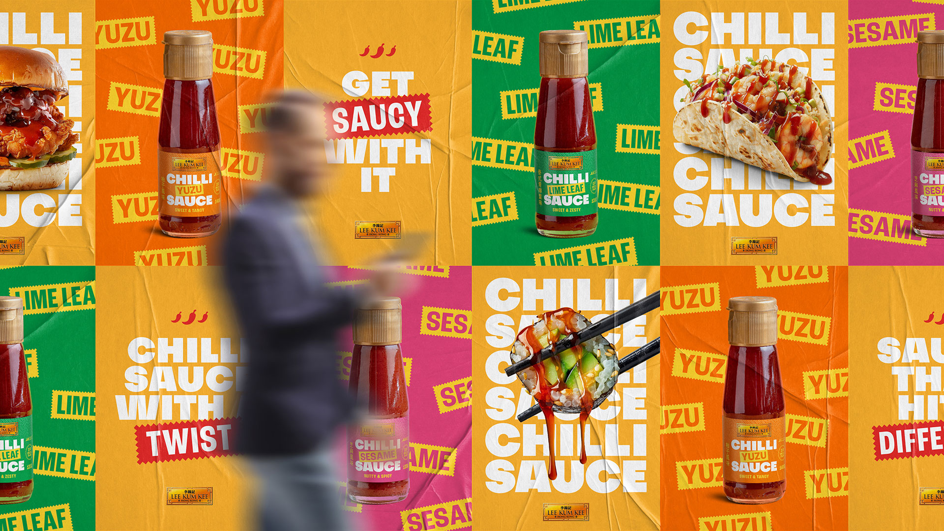 Lee Kum Kee chilli sauce range packaging design in clear glass bottles